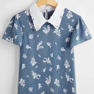 Women's Top LARGE Plants Print Polka Dot White Collar Blouse size 8-10us